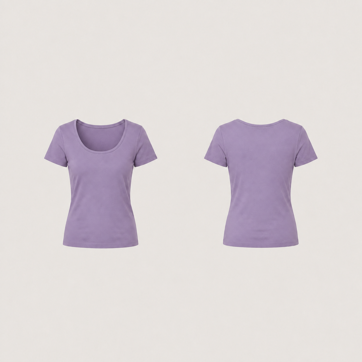 Front and back of the same plain fitted scoop-neck tee in dusty violet.