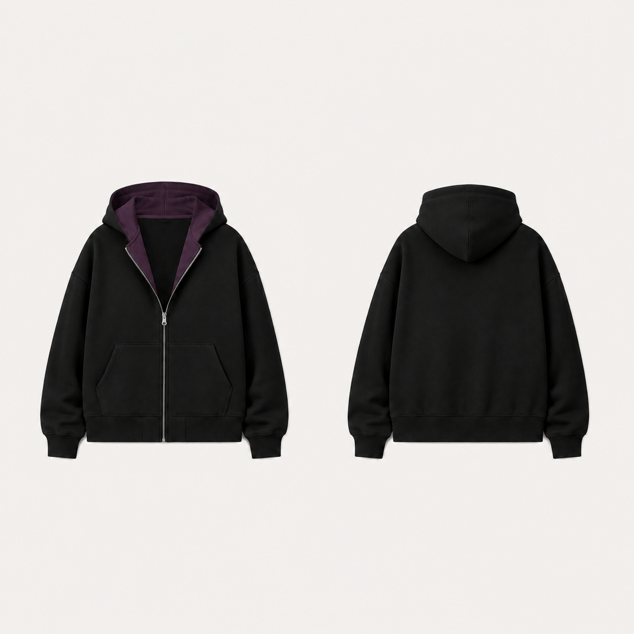 Soft black zip hoodie shown from front and back, with plum hood lining and inner facings visible above a partly closed silver zipper.