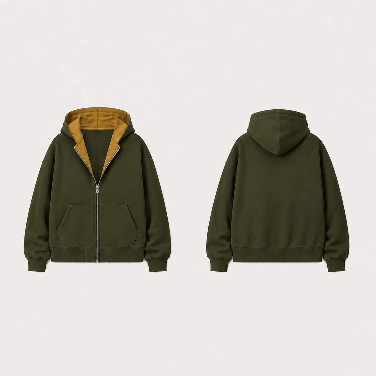 Deep olive zip hoodie in the same shape, with golden tan hood lining and upper zipper facings.