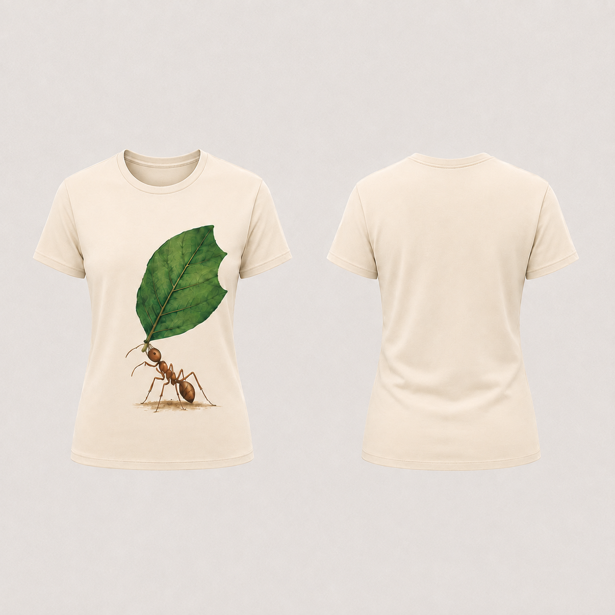 Front and back of a warm-cream fitted tee with a rust-brown ant holding a large green leaf upward in its mandibles on the front.