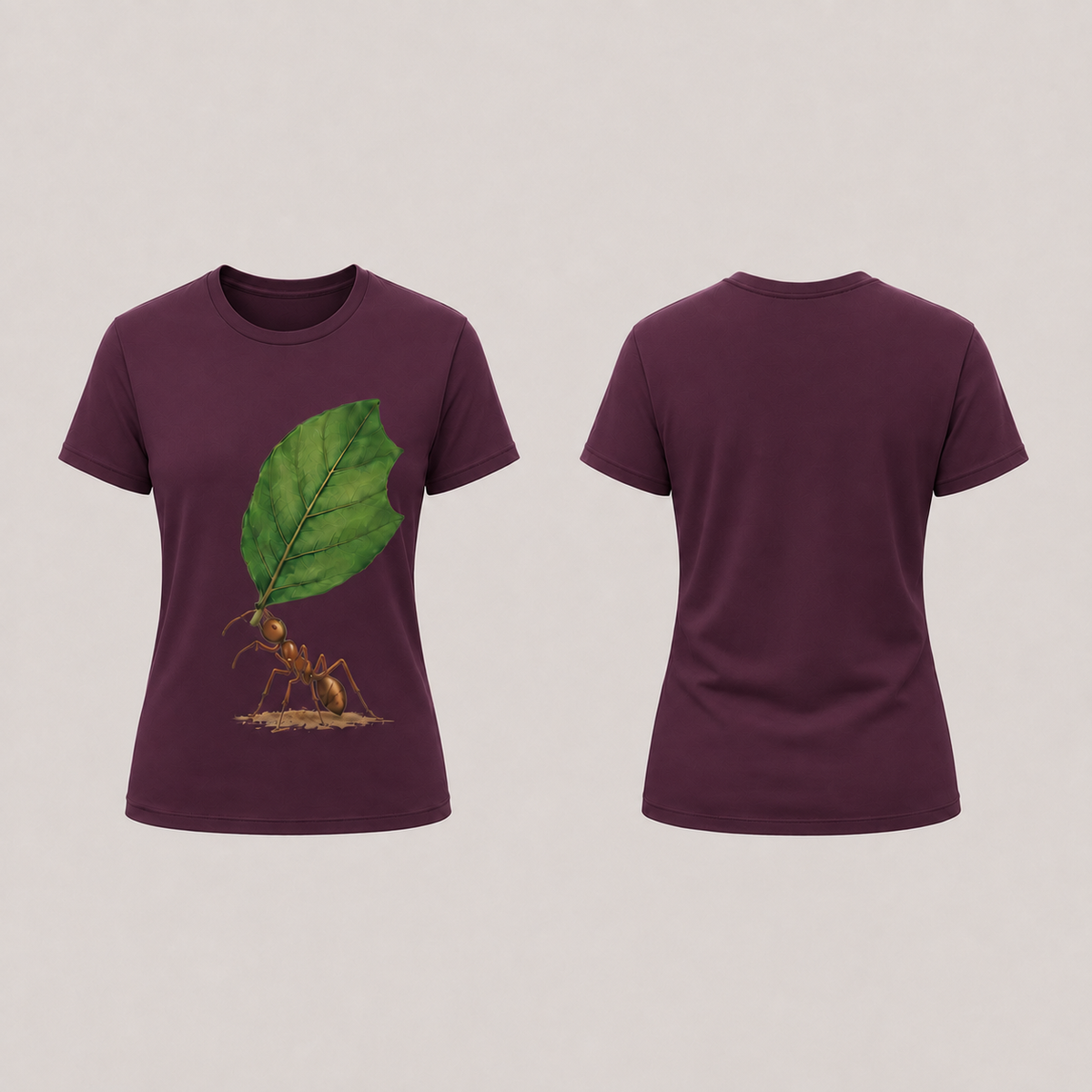 Front and back of a dark mulberry fitted tee with an ant holding a large green leaf on the front.