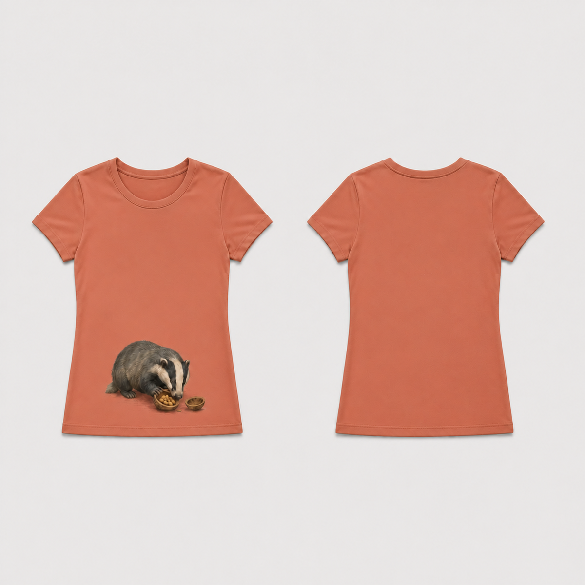 Burnt peach fitted tee with the same natural badger and walnut scene, shown with a plain back.