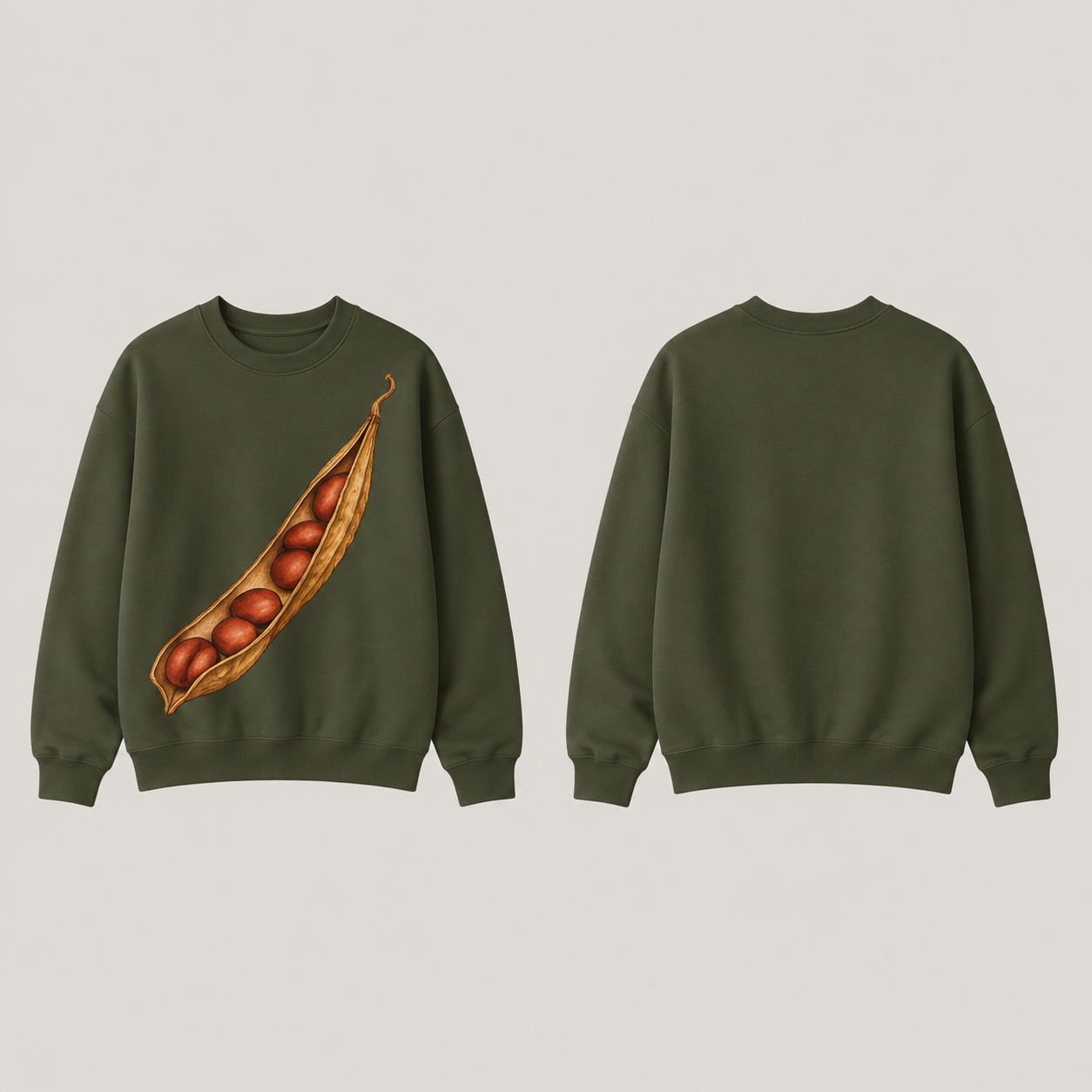 Front and back of a deep-olive crewneck sweatshirt with a long split ochre seedpod holding rust-red seeds on the front.