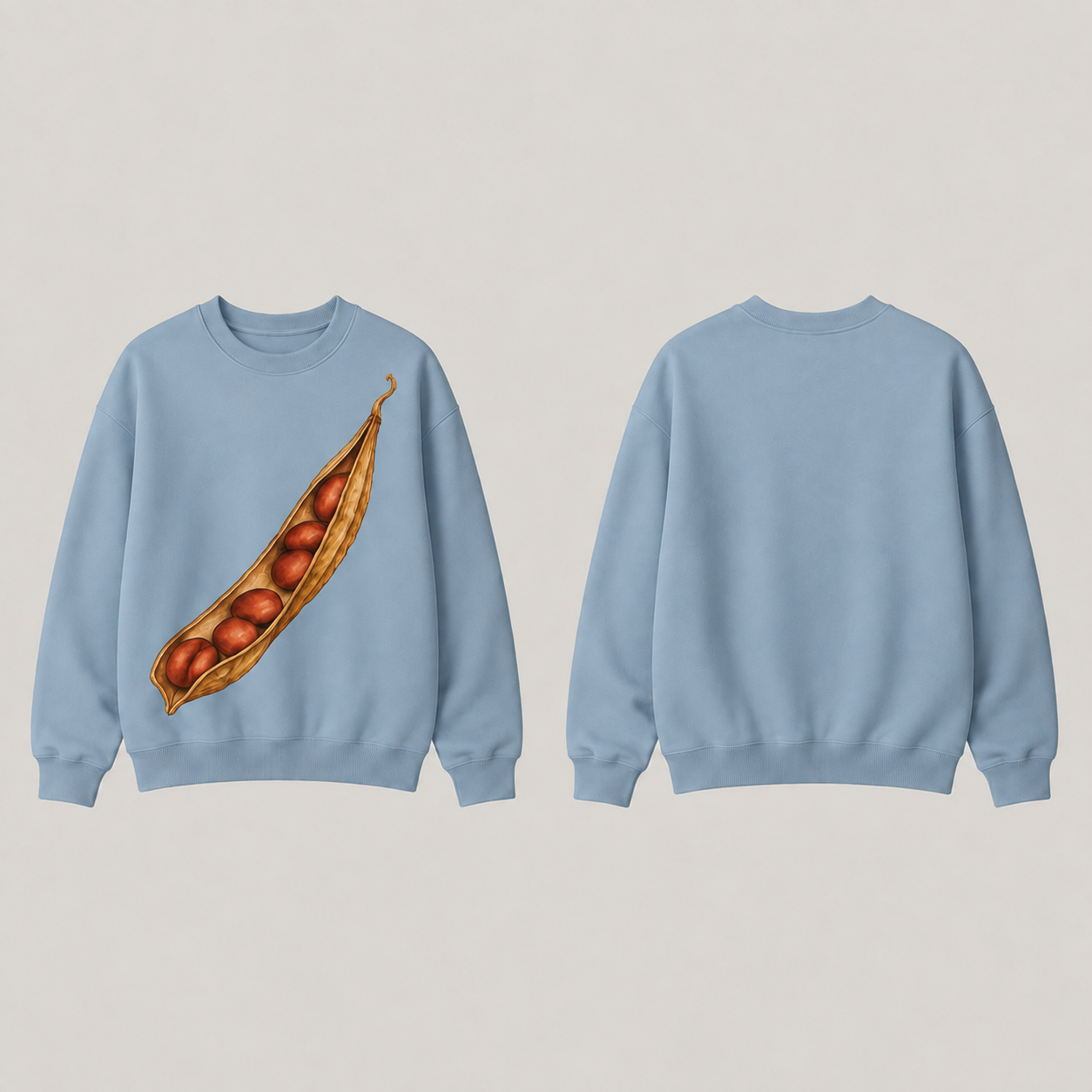 Front and back of a hazy-blue crewneck sweatshirt with a long split ochre seedpod holding rust-red seeds on the front.
