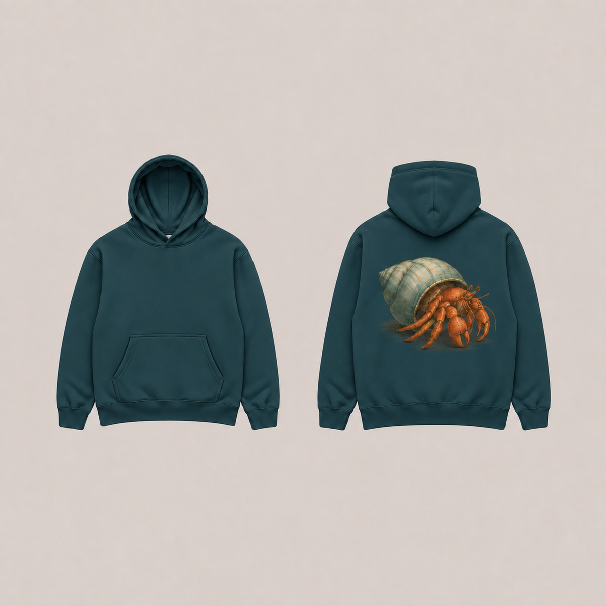 Front and back of a dark petrol pullover hoodie with the same hermit crab and spiral shell drawing on the back.