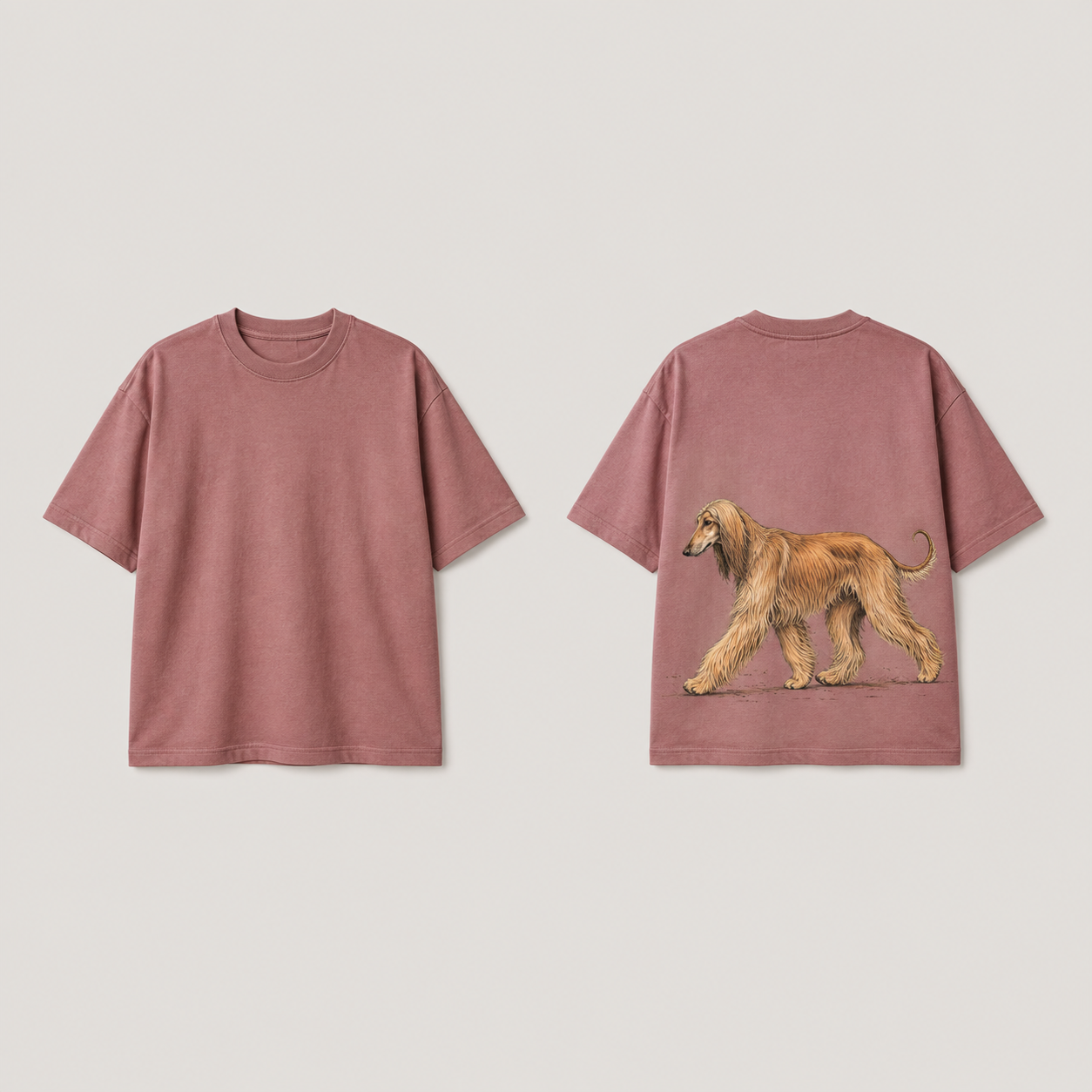 Front and back of a dusty-rose tee with a long-haired ochre-and-cream hound walking in profile on the back.