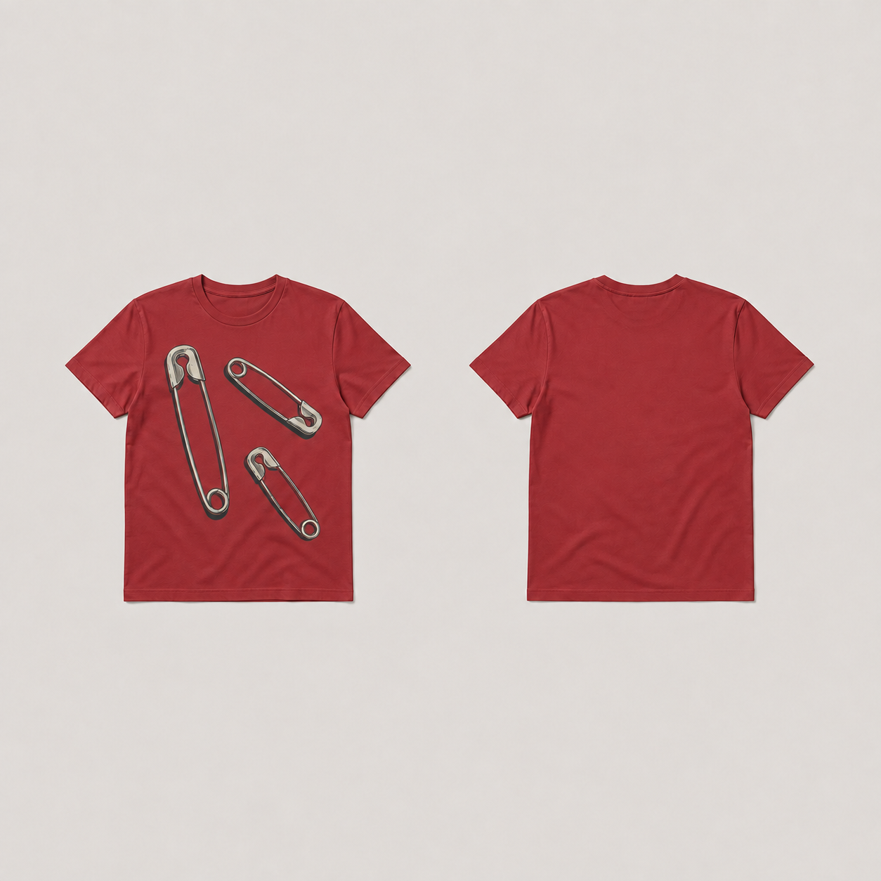 Front and back of a muted-red fitted tee with the matching three closed-pin illustrations and charcoal shadows, with plain back.