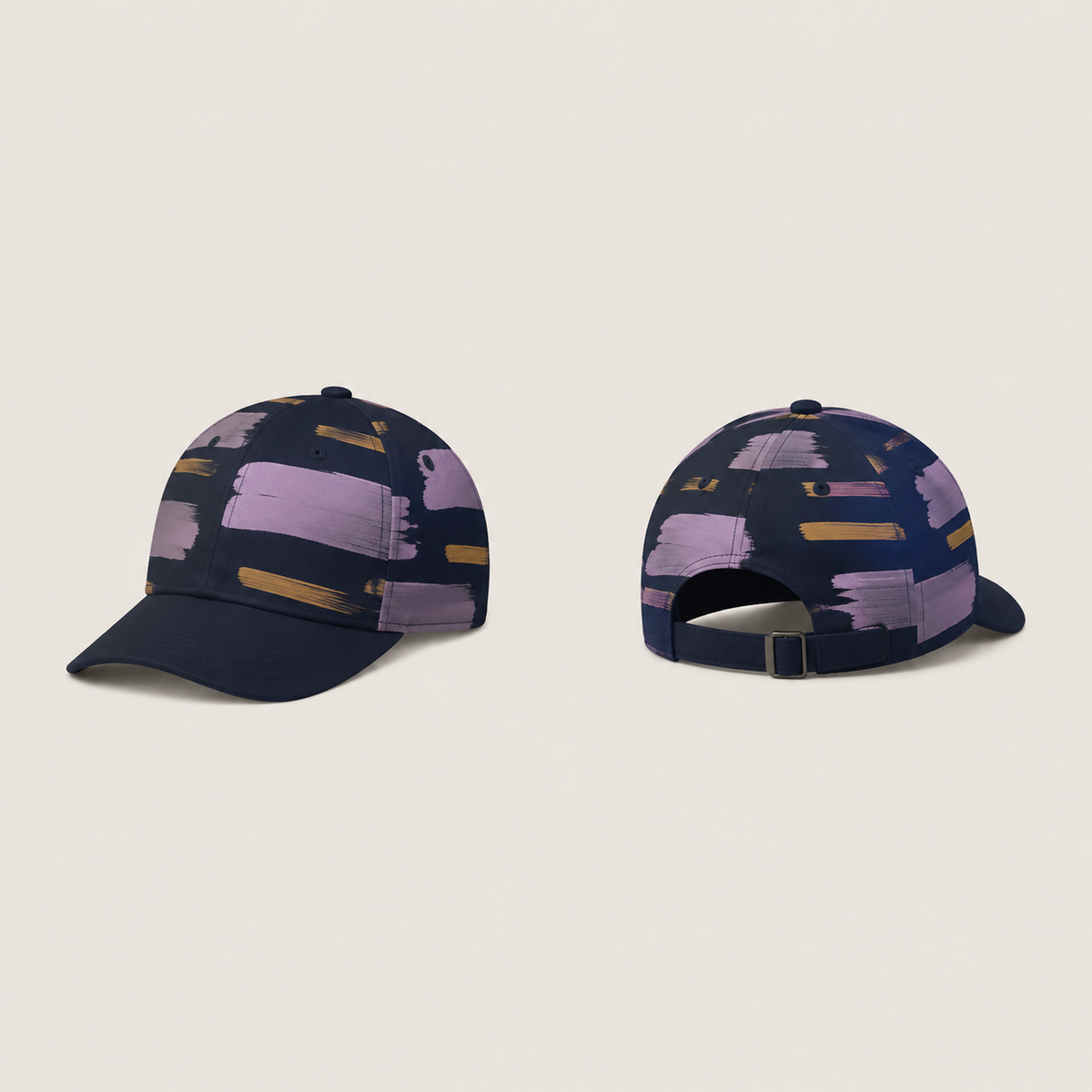 Front and rear views of an ink-navy low-profile cap with large lilac brush blocks and shorter ochre bars on the crown, plain peak and rear strap.