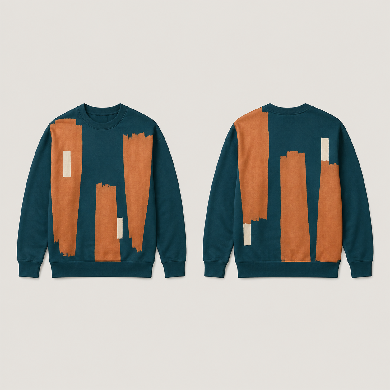 Front and back of a deep teal crewneck sweatshirt with uneven copper painted columns and small chalk rectangles.