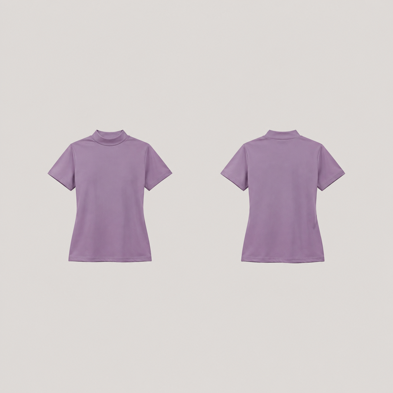 Front and back of a plain muted-orchid fitted short-sleeve tee with a low mock neckline and level hem.