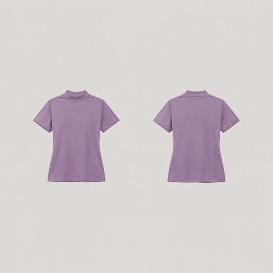 Front and back of a plain muted-orchid fitted short-sleeve tee with a low mock neckline and level hem.