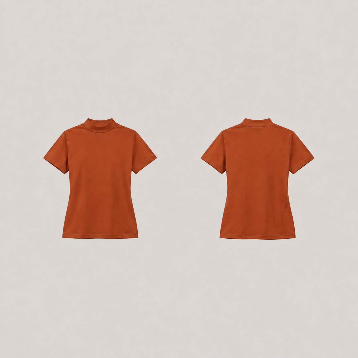 Front and back of a plain burnt-sienna fitted short-sleeve tee with the same low mock neckline and level hem.