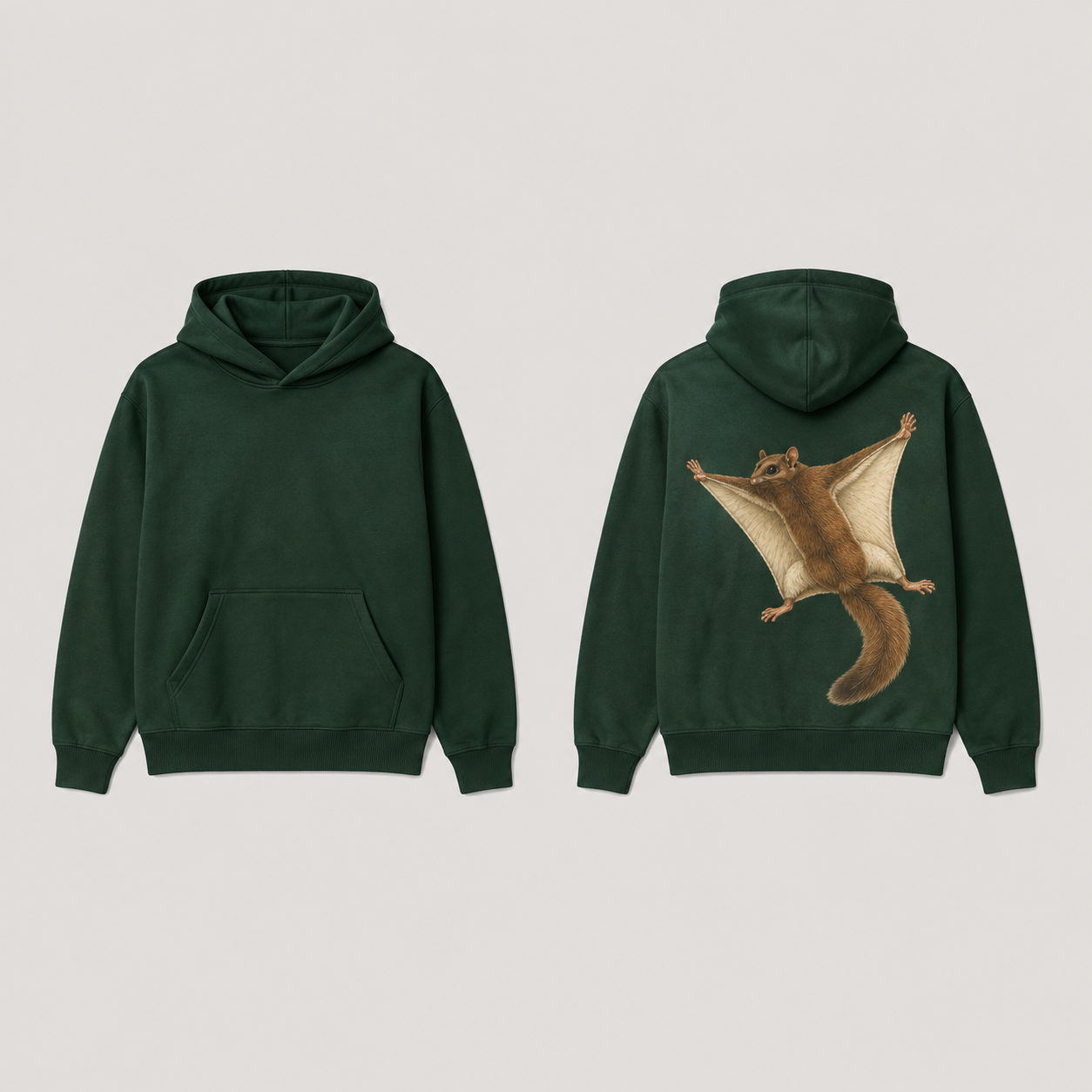 Dark Pine pullover hoodie shown front and back, with a natural flying squirrel spreading its cream gliding membranes across the back print.