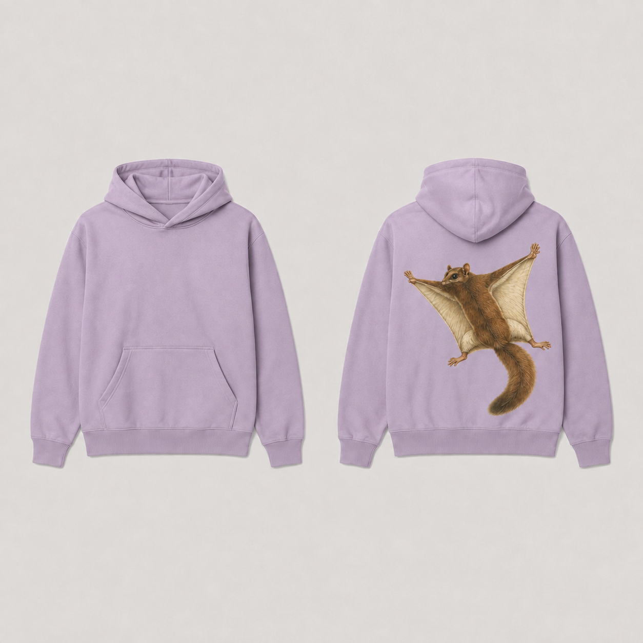 Quiet Lilac pullover hoodie shown front and back, with a natural flying squirrel spreading its cream gliding membranes across the back print.