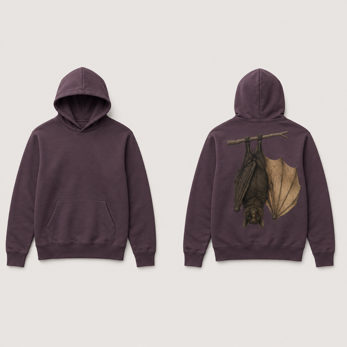Front and back of a smoked plum pullover hoodie with a hanging bat and partly open golden-brown wing on the back.