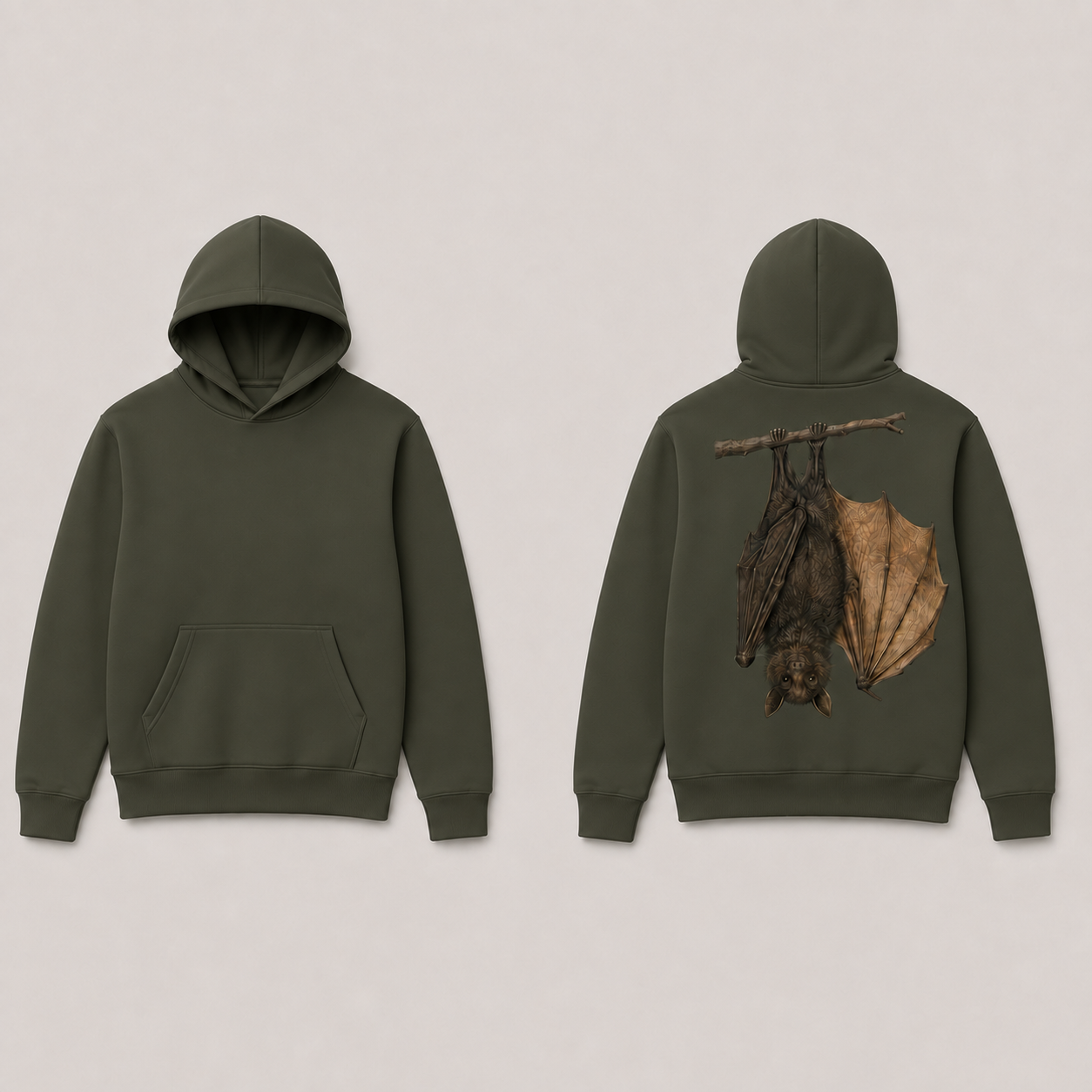 Front and back of a deep olive pullover hoodie with a hanging bat and partly open golden-brown wing on the back.