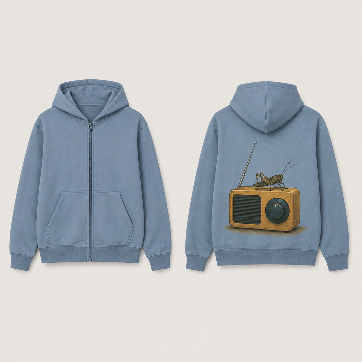 Front and back of a smoke-blue zip hoodie with an ochre portable radio and a natural long-antennaed cricket perched on its top on the back.