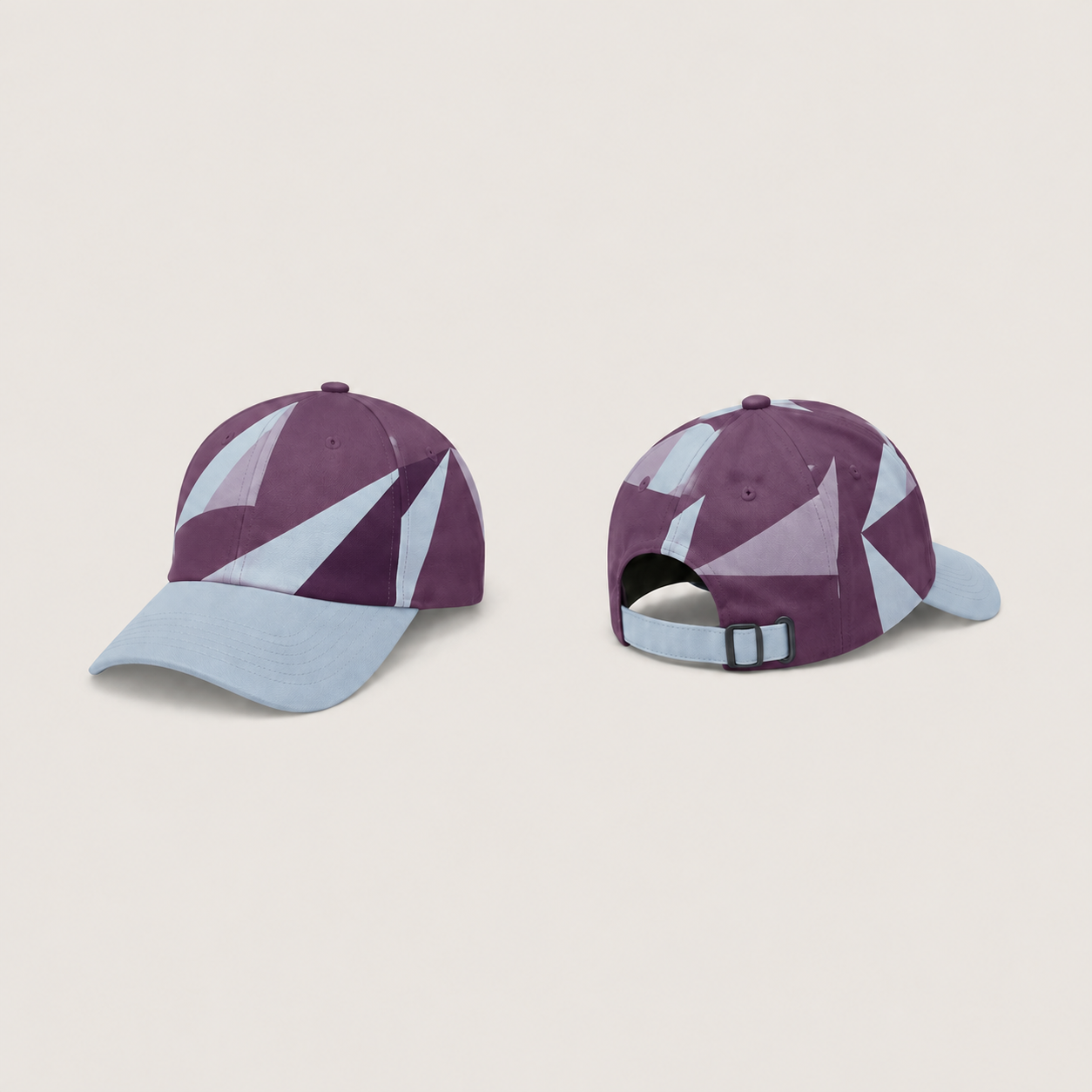 Front and rear views of a mulberry cap with pale-blue, lilac and plum sail-like crown shapes, a pale-blue peak and adjustable strap.