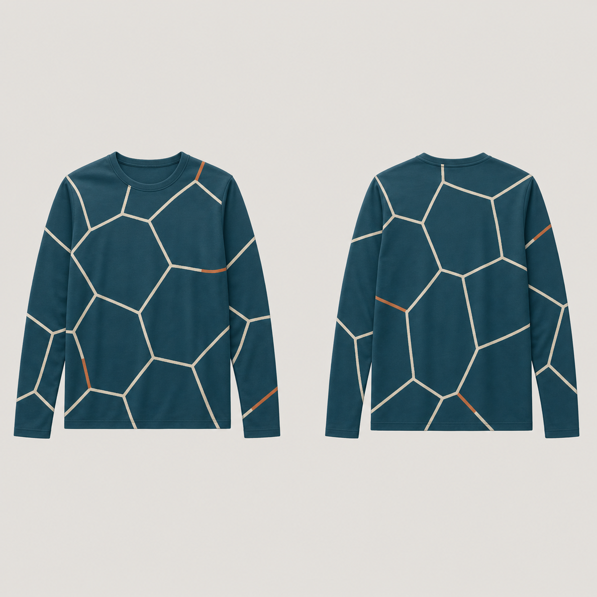 Front and back of a petrol long-sleeve tee with large irregular open chalk polygon outlines and short rust-colored segments.