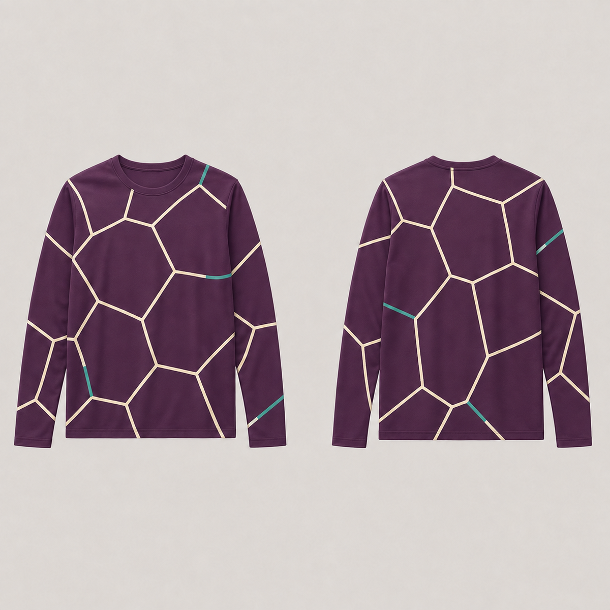 Front and back of a plum long-sleeve tee with large irregular open cells outlined in butter and teal.