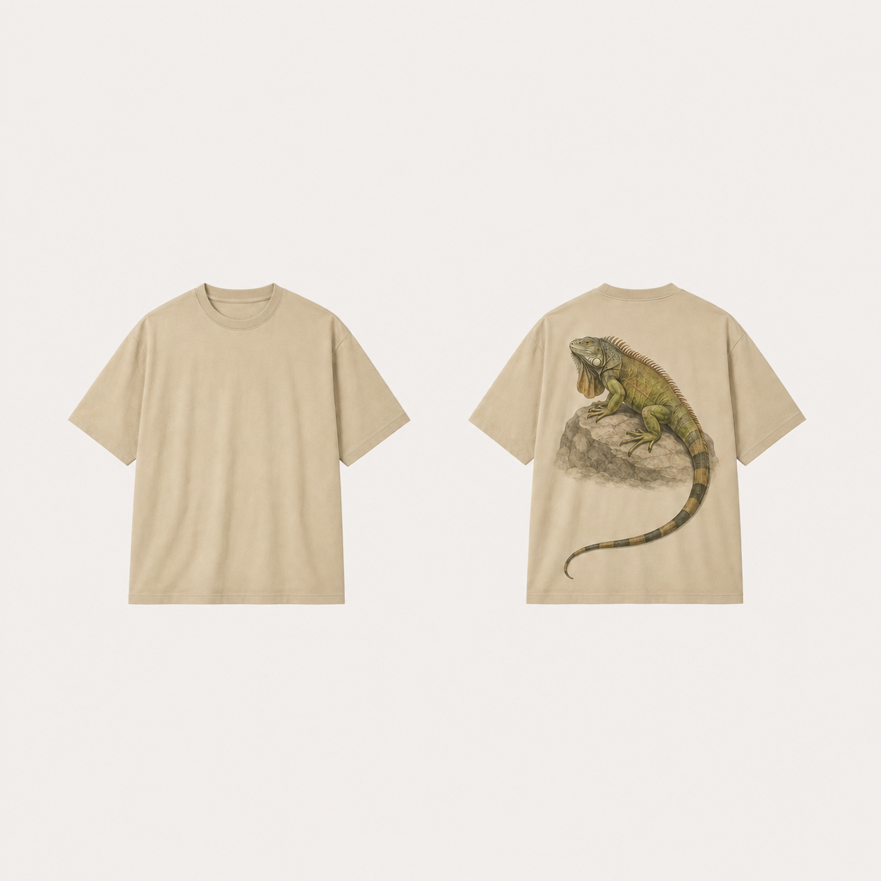 Pale khaki boxy tee with a natural iguana resting on a rock and its long tail curved down the back; plain front.