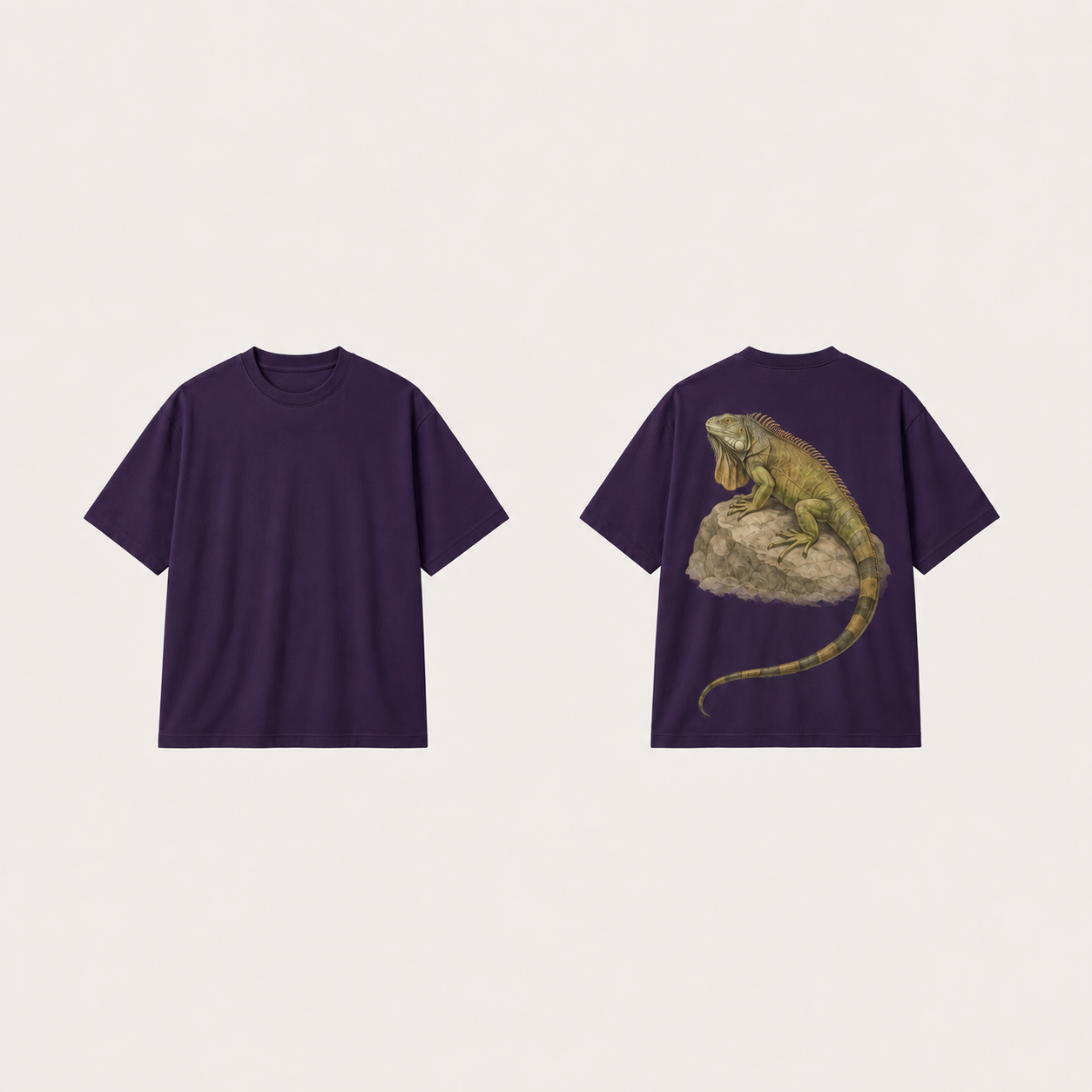 Ink violet boxy tee with the same complete iguana and curved-tail back illustration.