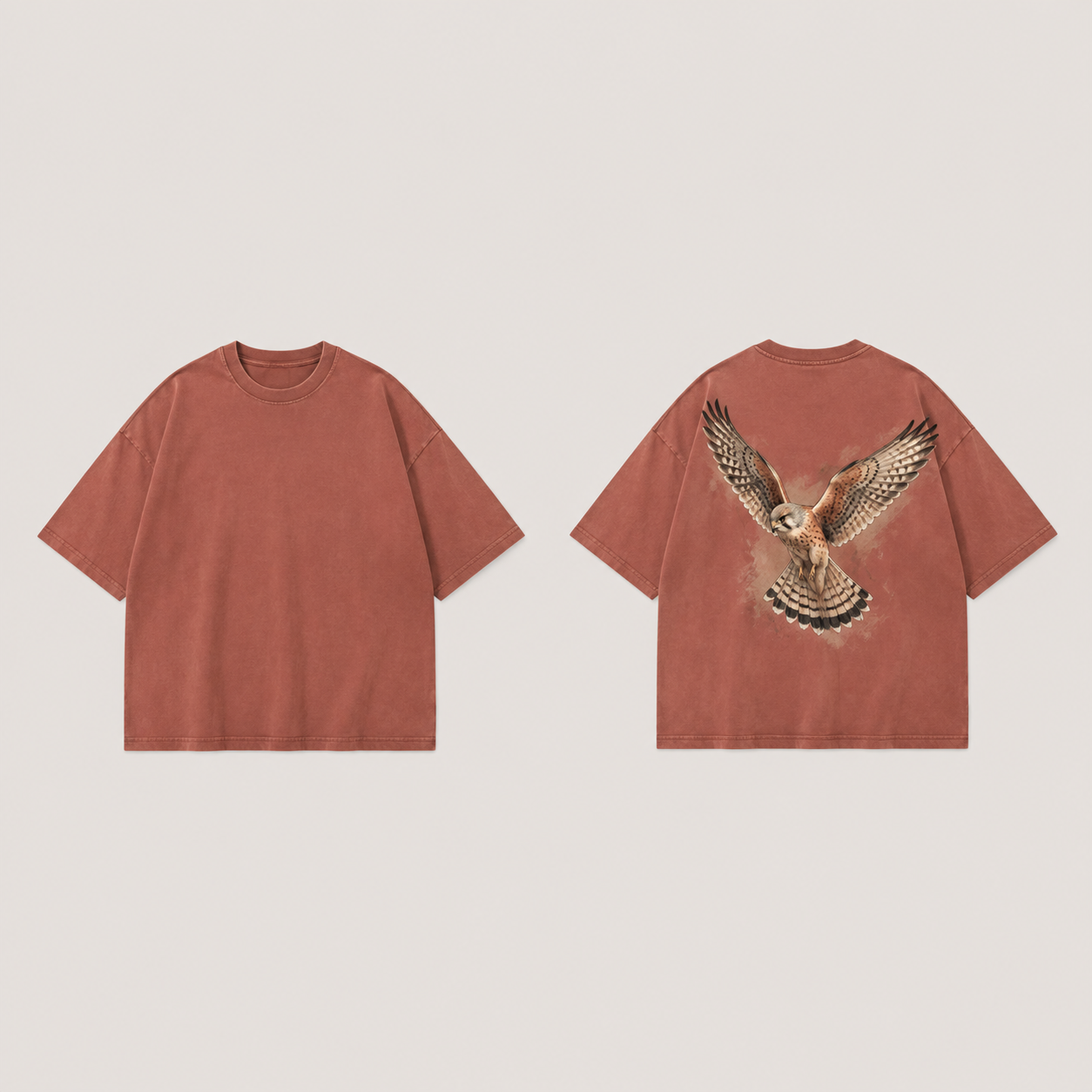 Front and back of a faded-brick oversized tee with a rust-and-cream kestrel, wings raised and tail fanned, on the back; front plain.
