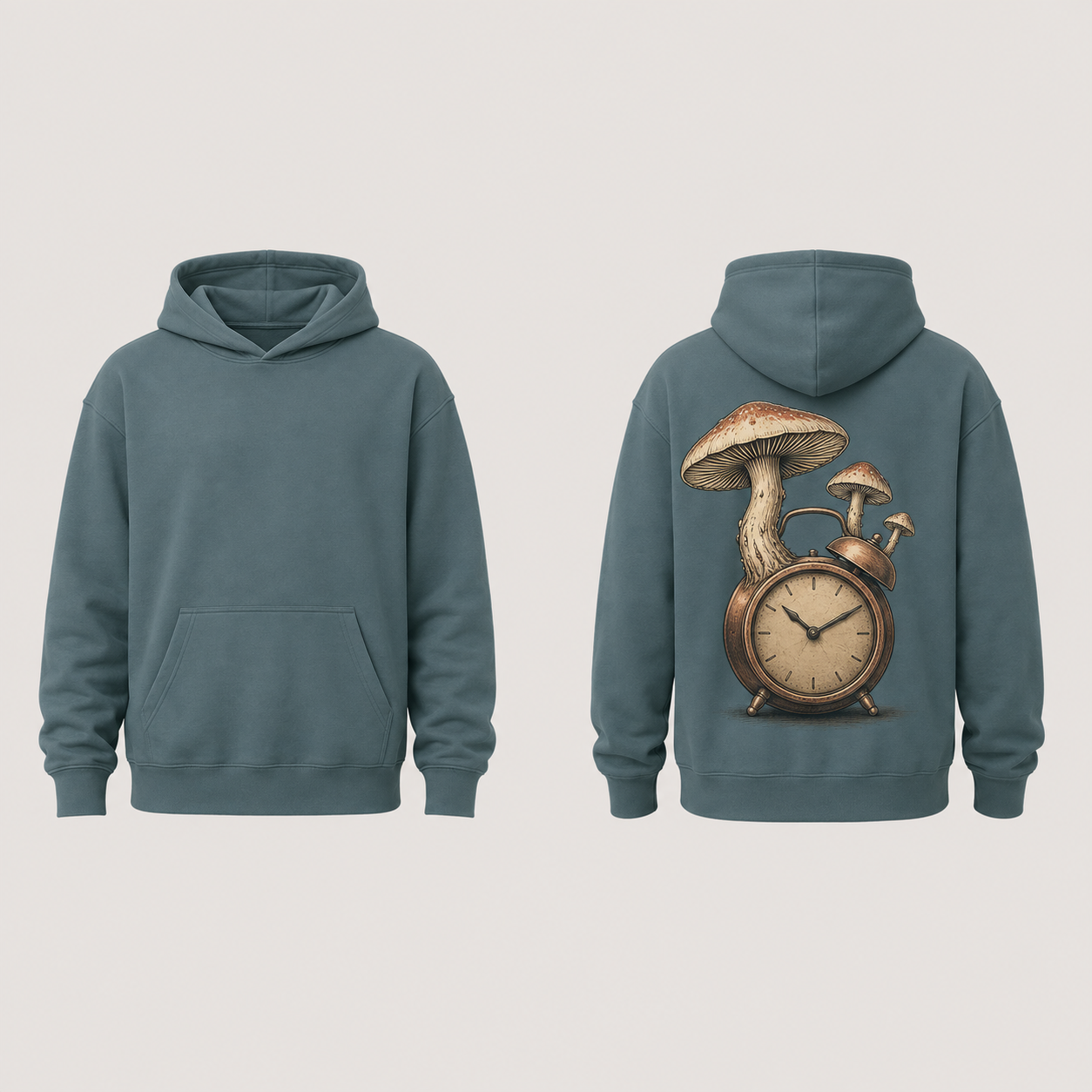 Front and back of a dusty-petrol pullover hoodie, with a copper alarm clock and three mushrooms printed below the hood on the back; front is plain.