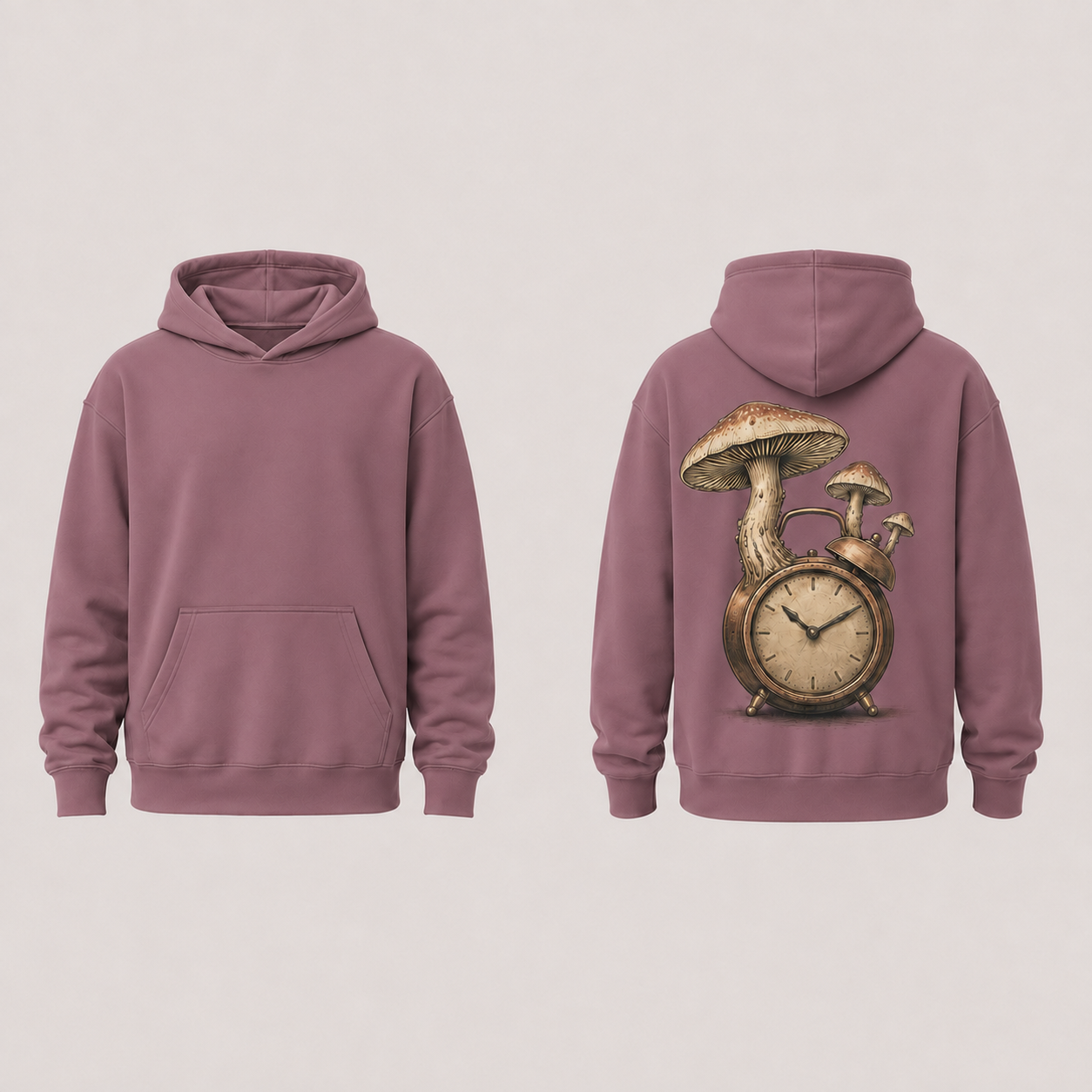 Front and back of a warm-mauve pullover hoodie with the matching clock and three-mushroom back illustration and plain front.