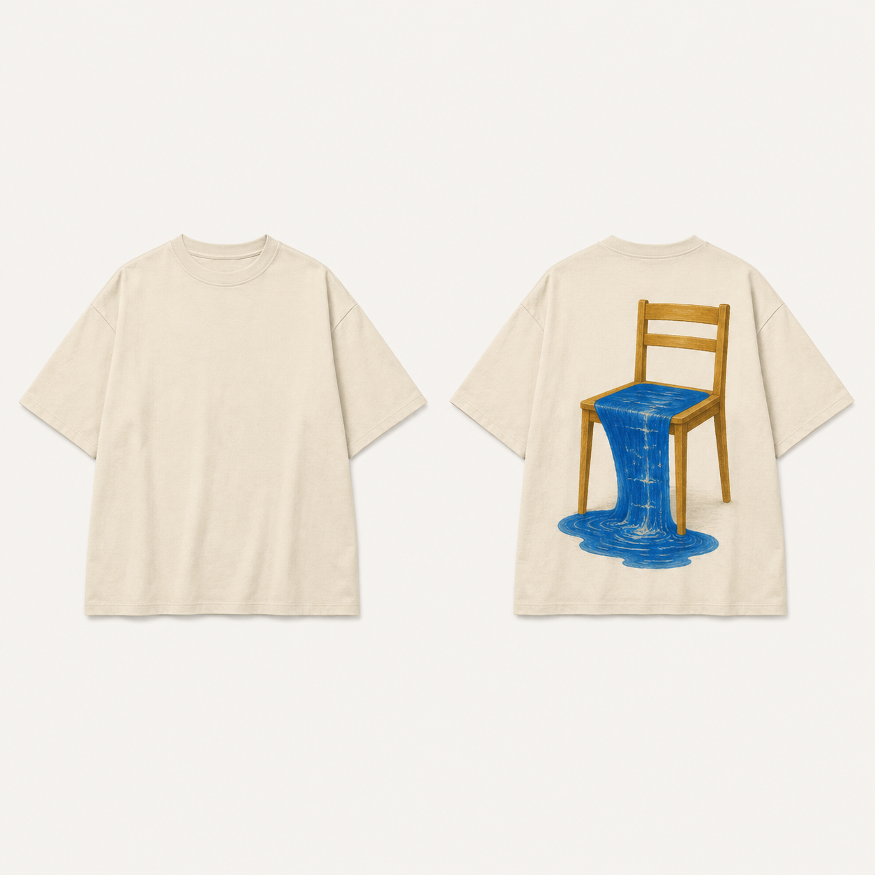 Warm Chalk oversized tee shown front and back, with an empty ochre wooden chair spilling a blue stream from its seat into a small pool on the back print.