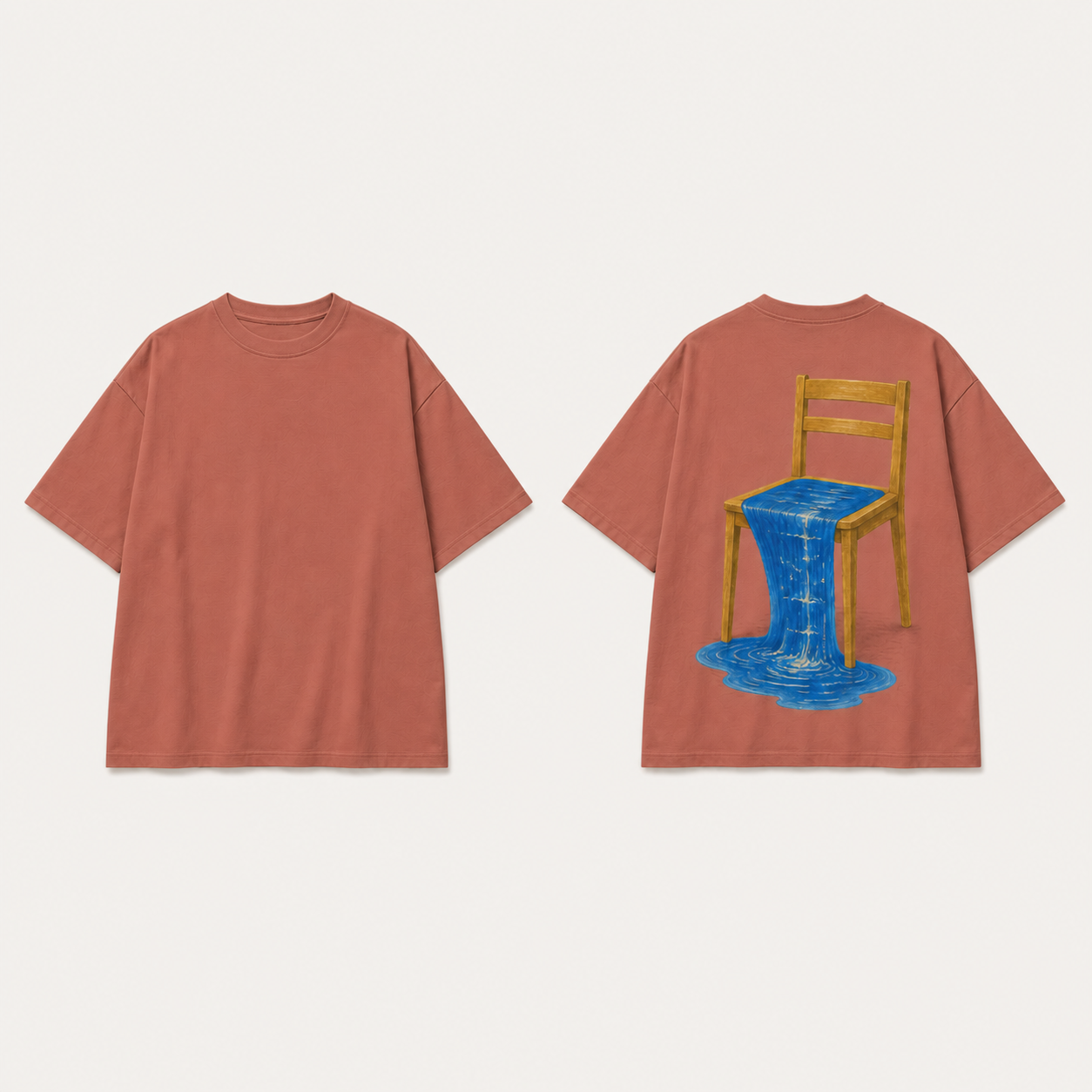 Faded Brick oversized tee shown front and back, with an empty ochre wooden chair spilling a blue stream from its seat into a small pool on the back print.