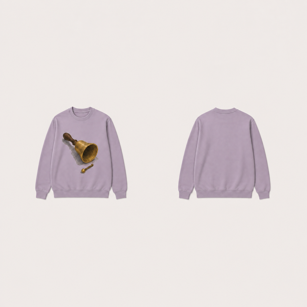 Dirty lilac crewneck sweatshirt shown from front and back with a brass handbell lying beside its detached clapper on the front.