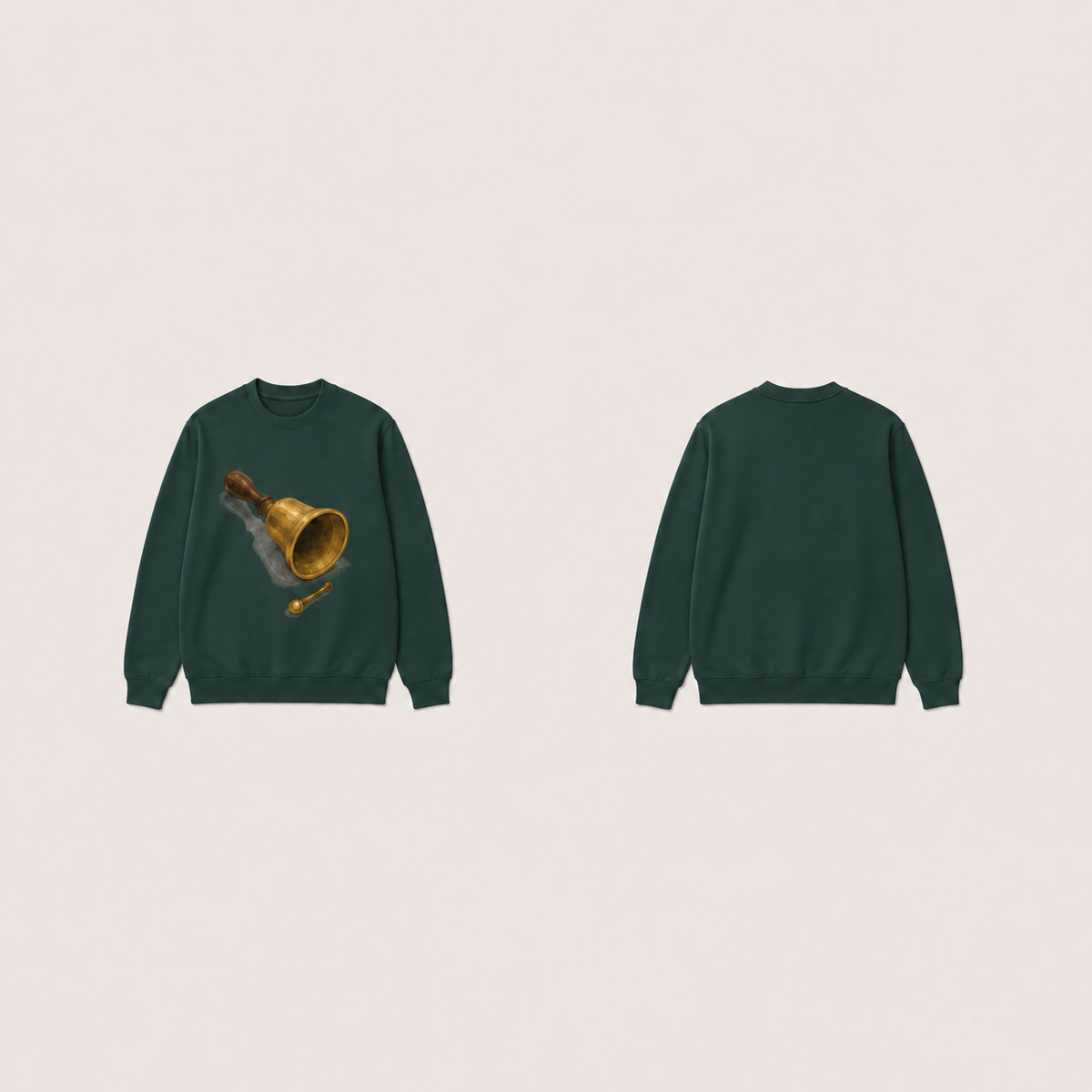 Dark spruce crewneck sweatshirt with the same bell and separate clapper illustration and plain back.