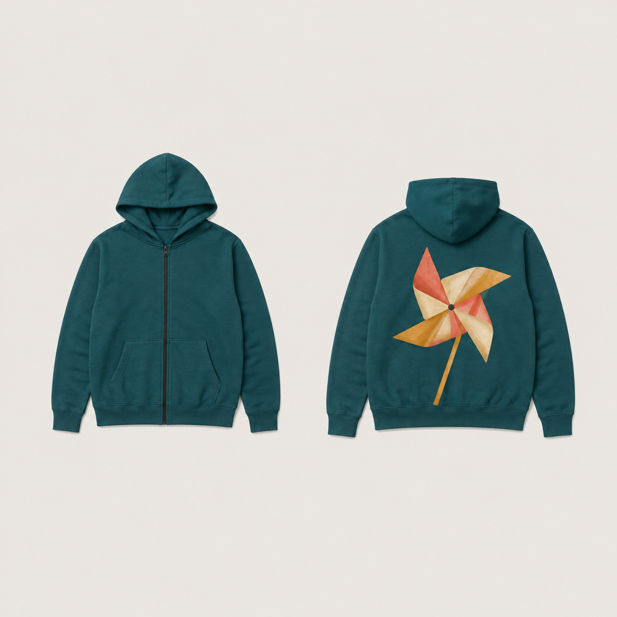 Front and back of a deep-teal zip hoodie, with a coral, cream and ochre four-blade pinwheel illustration on the back and plain front pockets.