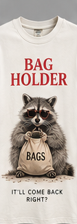 Bag Holder: bone graphic tee with a raccoon clutching a bag.