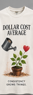 Dollar Cost Average: bone tee with a watering can and a heart-shaped plant.