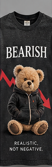 Bearish: black graphic tee with a hooded teddy bear and a red descending arrow.