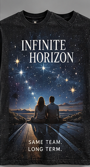 Infinite Horizon: black tee with a couple together beneath a star-filled sky.