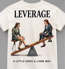 A Little Goes a Long Way: bone tee showing two people balancing on a seesaw.