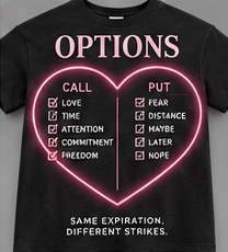 Same Expiration: black options-themed tee with a glowing pink heart and two columns.