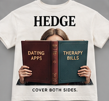 Cover Both Sides: bone tee with Dating Apps and Therapy Bills books.