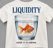 Keep It Flowing: bone tee with a goldfish swimming in a clear glass of water.