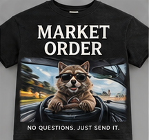 No Questions, Just Send It: black tee with a sunglasses-wearing raccoon driving a small car.
