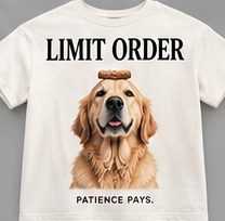 Patience Pays: bone tee with a golden retriever balancing a treat.