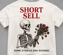 Some Stories End Sooner: bone tee with a skeleton offering red roses.