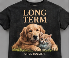 Still Bullish: black tee with a golden retriever and a kitten cuddling.
