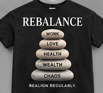 Rebalance Regularly: black tee with stacked stones labeled work, love, health, wealth and chaos.