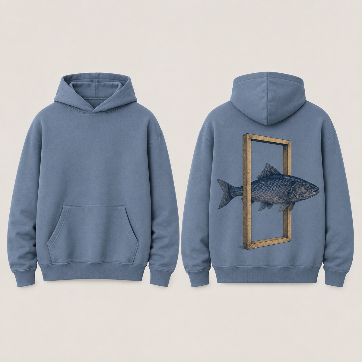 Front and back concept views of a smoke-blue pullover hoodie with a whole indigo fish swimming through a freestanding ochre rectangular doorway on the back.