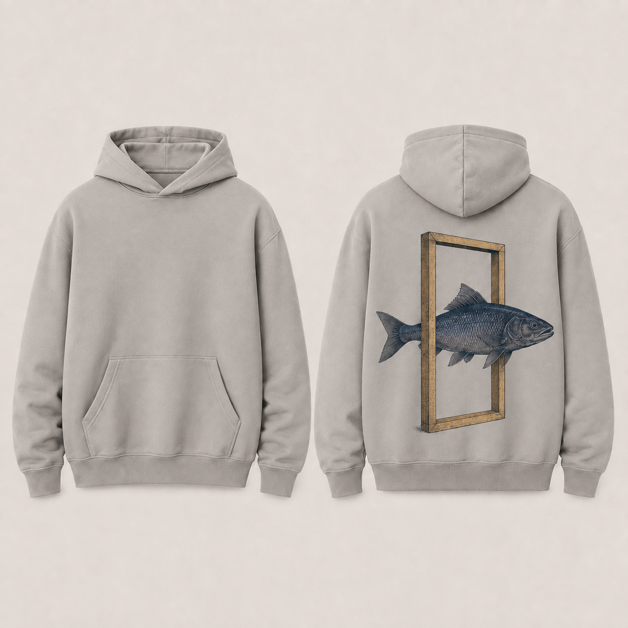 Front and back of the same fish-and-doorway hoodie in warm grey.
