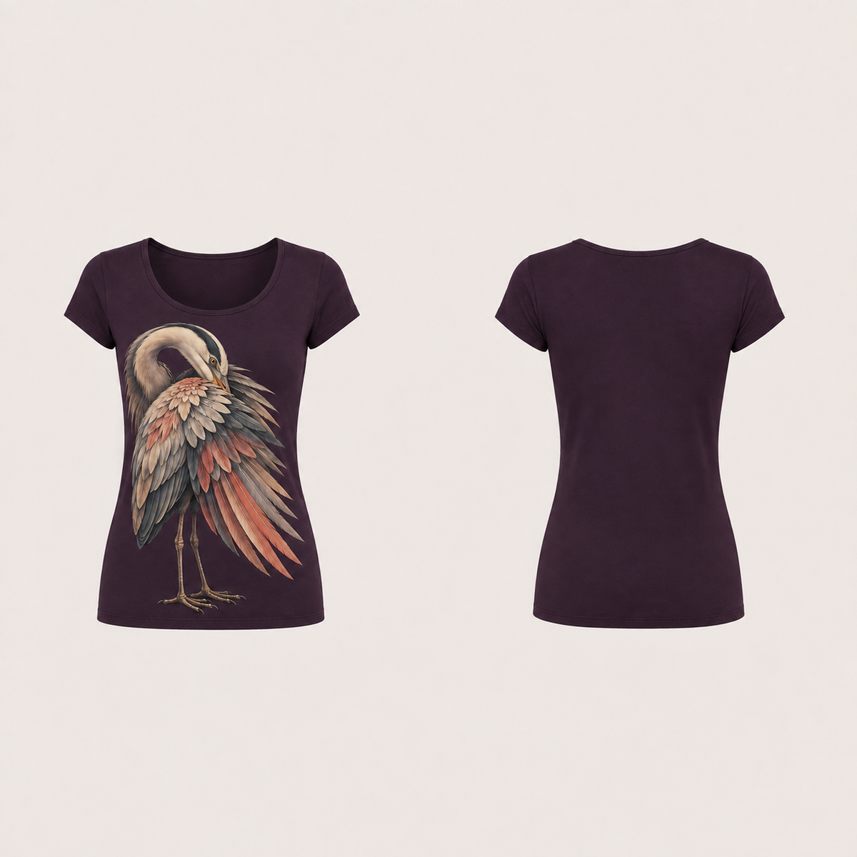 Front and back of a deep-aubergine fitted scoop-neck tee with a single heron preening its layered wing on the front.
